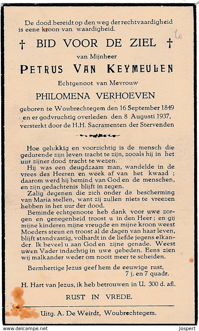 Woubrechtegem, 1937, Petrus Van Keymeulen, Verhoeven - Imágenes Religiosas