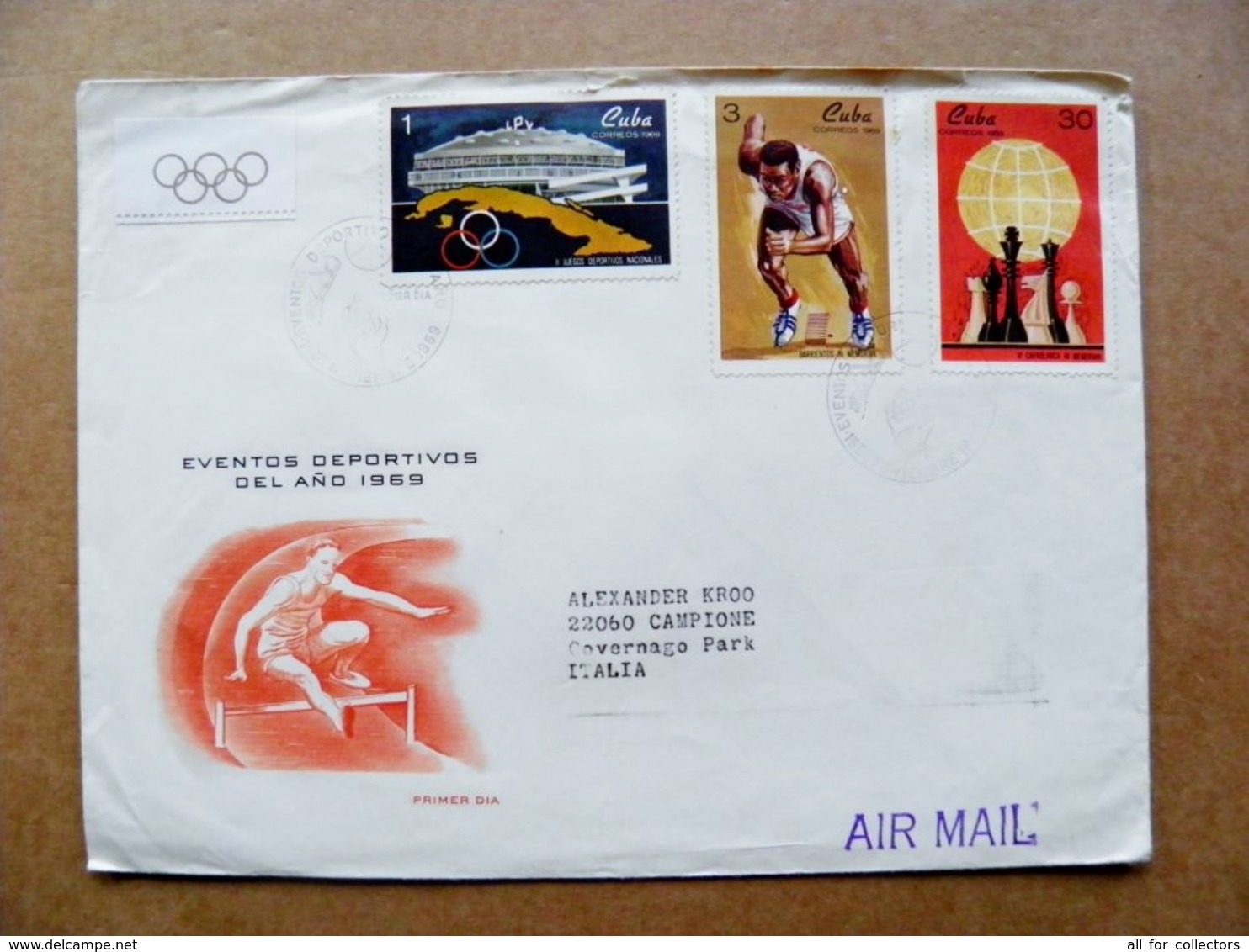 Cover Kuba Sent To Italy 1969 Sport Chess Game Athletics Run Map Stadium Olympics - Covers & Documents