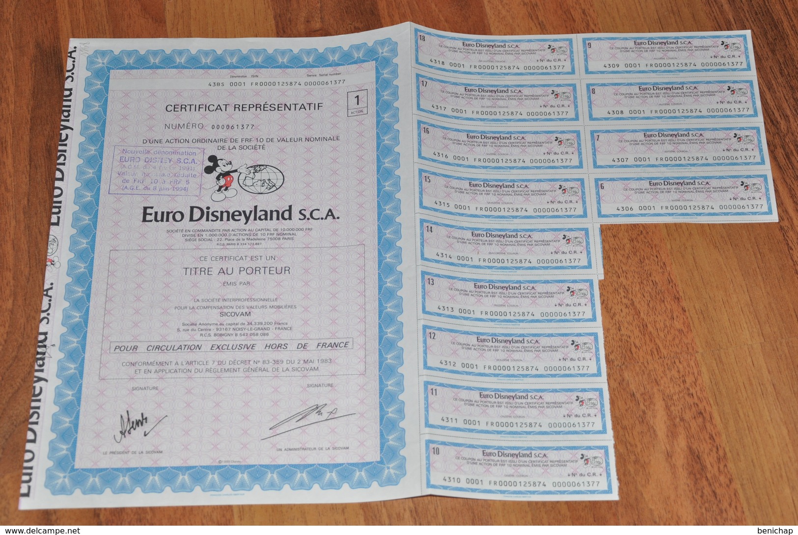 Euro Disneyland - Certificat Représentatif - Mickey Mousse - C/1989 Disney. - Film En Theater