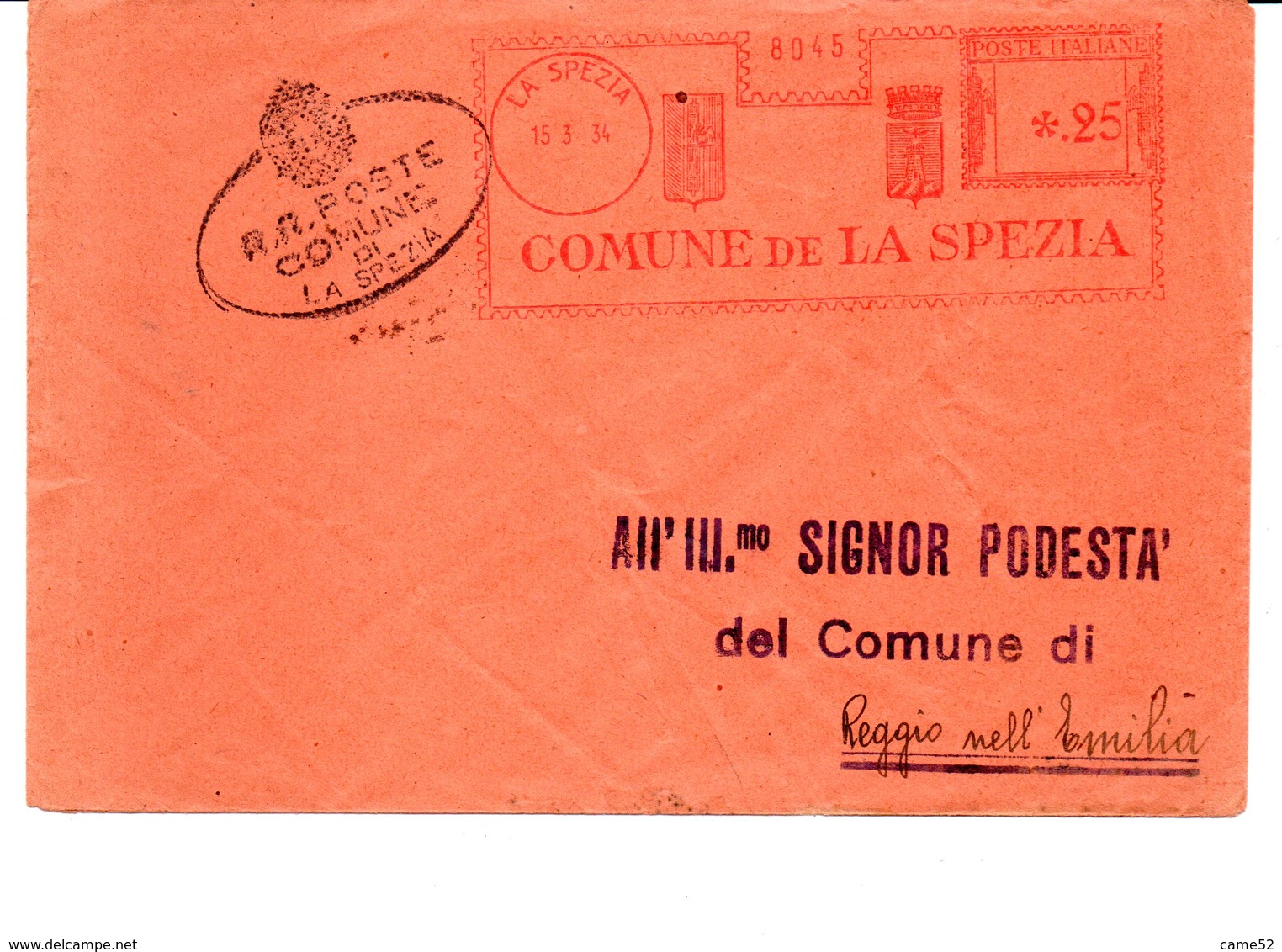 1934 EMA Affrancatura Meccanica Rossa Freistempel La Spezia Comune De La Spezia Stemmi Del Comune - Franking Machines (EMA)