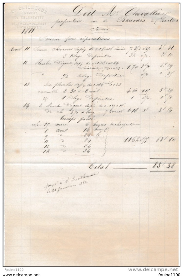Facture De CHARTRES Quai Aux Plâtres  Entreprise De Charpentes CAILLEAUX  En 1882 - 1800 – 1899