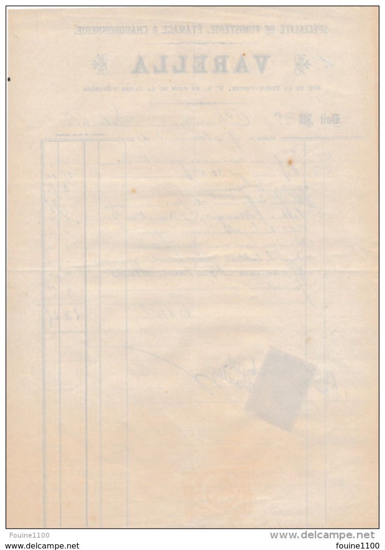 Facture De CHARTRES Rue De La Poële Percée Fumisterie Chaudronnerie VARELLA En 1881 - 1800 – 1899