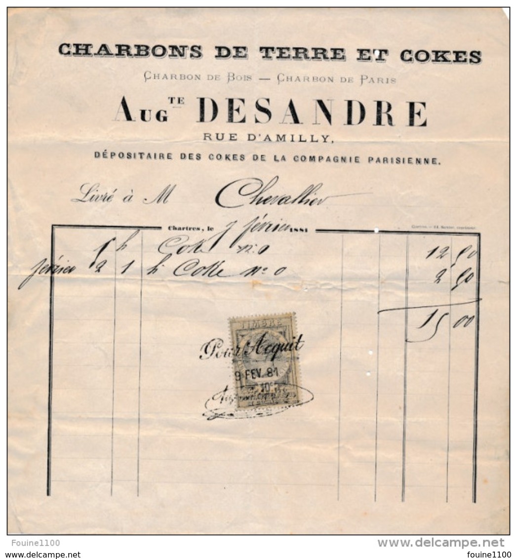 Facture De CHARTRES Rue D' Amilly  Charbons De Terre Et Cokes DESANDRE En 1881 - 1800 – 1899