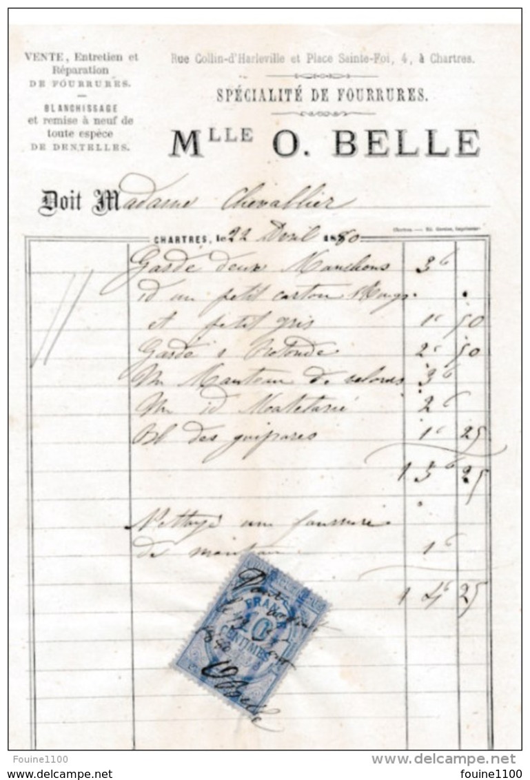 Facture De CHARTRES  Rue Collin D'harleville Et Place Sainte Foi Fourrures BELLE En 1880 - 1800 – 1899