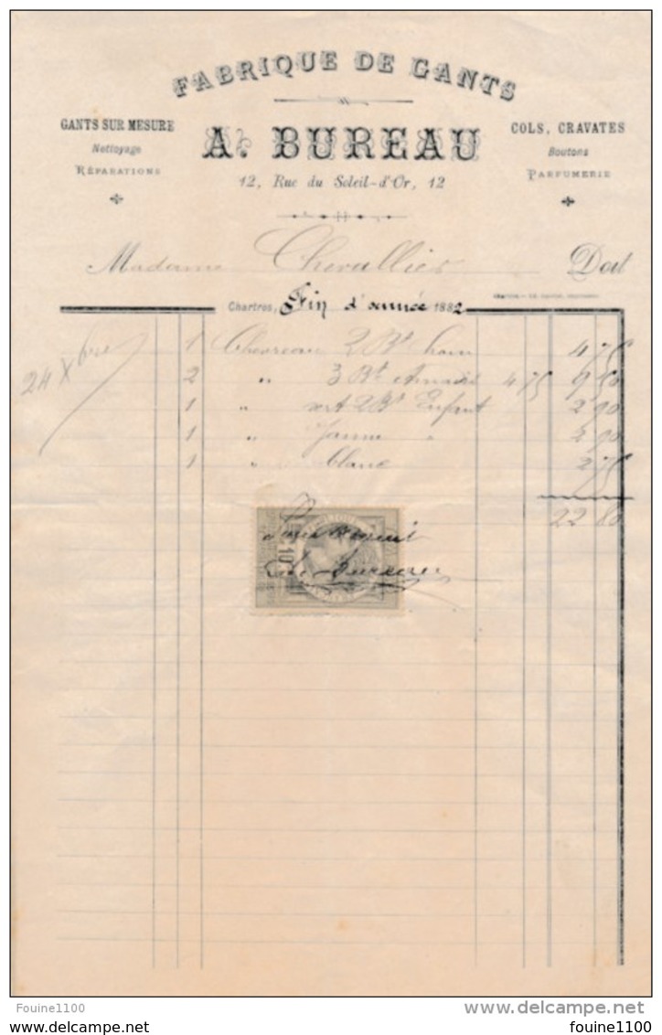 Facture De CHARTRES Rue Du Soleil D' Or Fabrique De Gants BUREAU En 1882 - 1800 – 1899