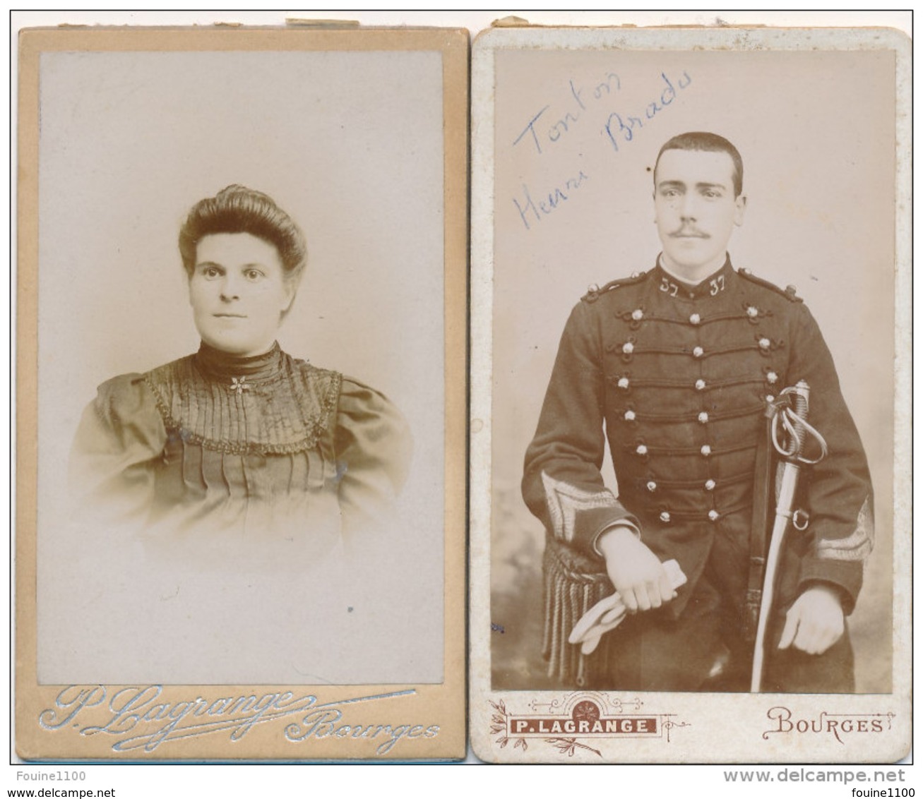 Lot De 2 CDV Photo Photographe Paul LAGRANGE à BOURGES Militaire épée Sabre 37 E Régiment D' Artillerie ( Recto Verso ) - Old (before 1900)