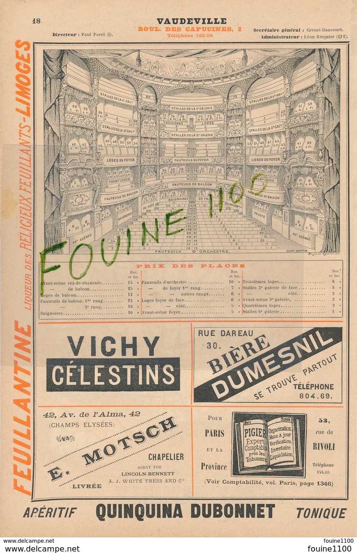 1899 PARIS Plan 8e Arrondissement / Théâtre De Vaudeville ( Biere Dumesnil Chapelier E. Motsch - Publicités