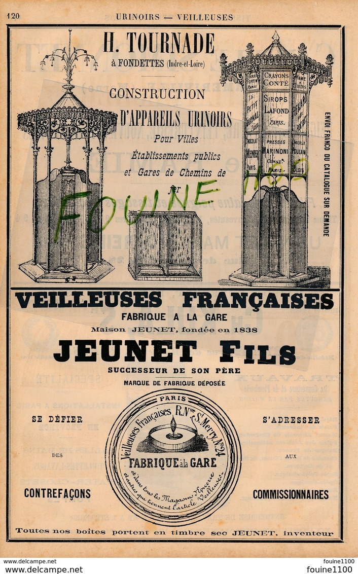 PUB 1889 Constructeur Urinoir Kiosque Publicitaire TOURNADE à FONDETTES 37 Lavabos Seyffert Kula Simonnet Warmeriville - Advertising