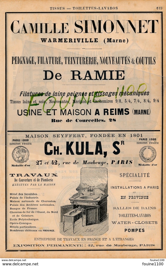 PUB 1889 Constructeur Urinoir Kiosque Publicitaire TOURNADE à FONDETTES 37 Lavabos Seyffert Kula Simonnet Warmeriville - Publicidad