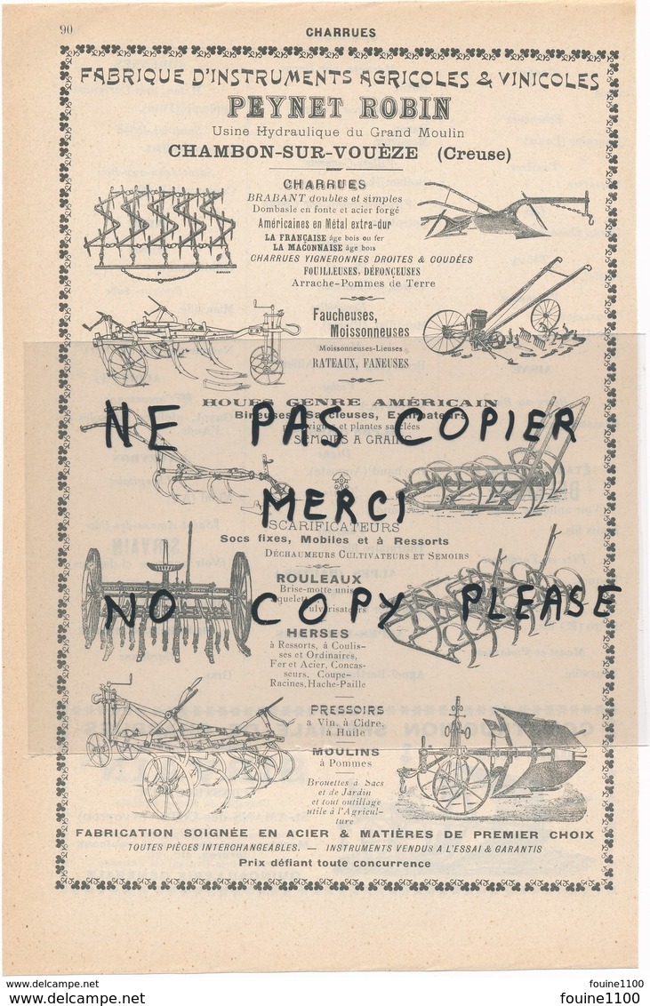 PUB An 1908 Machine Agricole Vinicoles PEYNET ROBIN à CHAMBON SUR VOUEZE Charrue SIRVAIN à SAINT AMANS DES COTS - Publicités