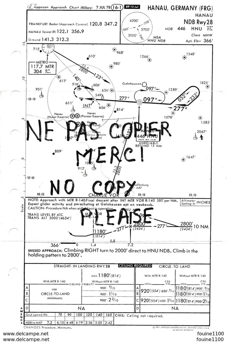 1 Feuille De Cartographie De Navigation Aérienne Du Terminal  De  HANAU    Jeppesen Aviation Aéroport - Autres & Non Classés