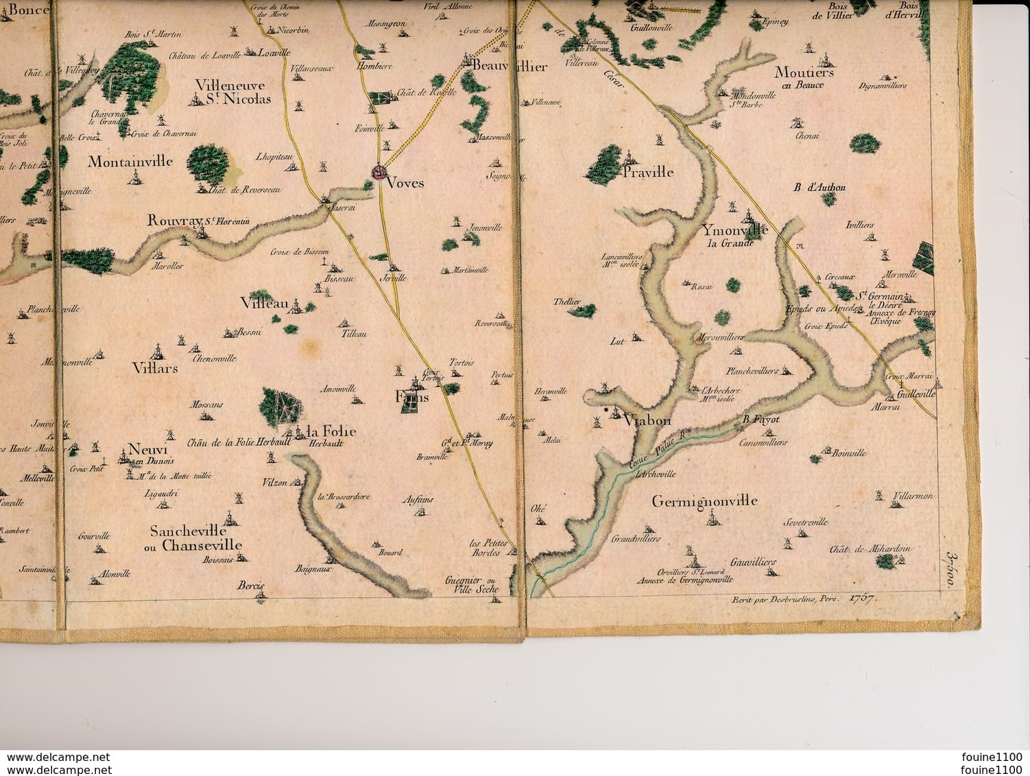 Carte Toilée Géographique DESBRUSLINS En 1757 CHARTRES Gallardon Maintenon Senonches Nogent Le Rotrou  Mitainvilliers - Cartes Géographiques