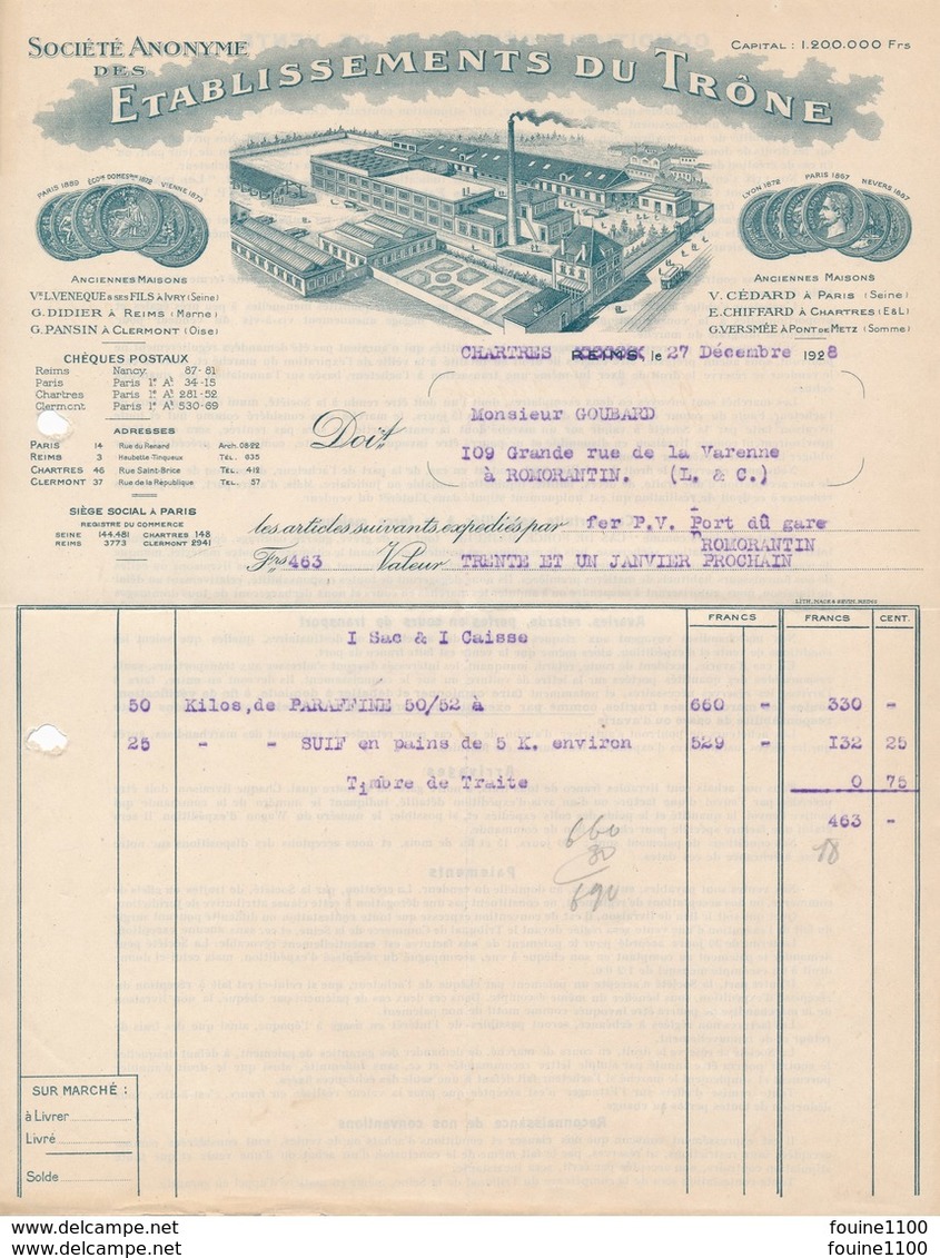 Facture Illustrée Usine Ets Du Trône écrite à CHARTRES En 1928 ( Pont De Metz / Paris / Ivry / Reims / Clermont 60 Oise - 1900 – 1949