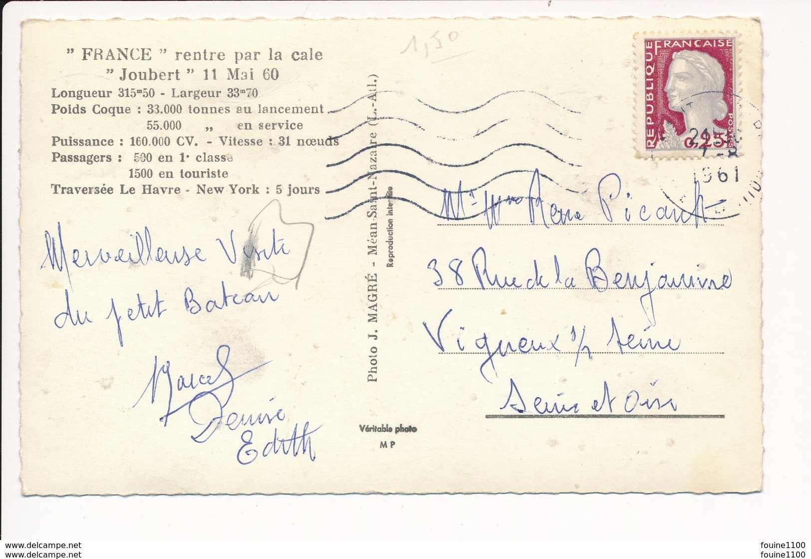 Paquebot FRANCE Rentre Par La Cale Joubert 11 Mai 1960 Traversée LE HAVRE NEW YORK ( Format C.P.A )( Recto Verso ) - Port