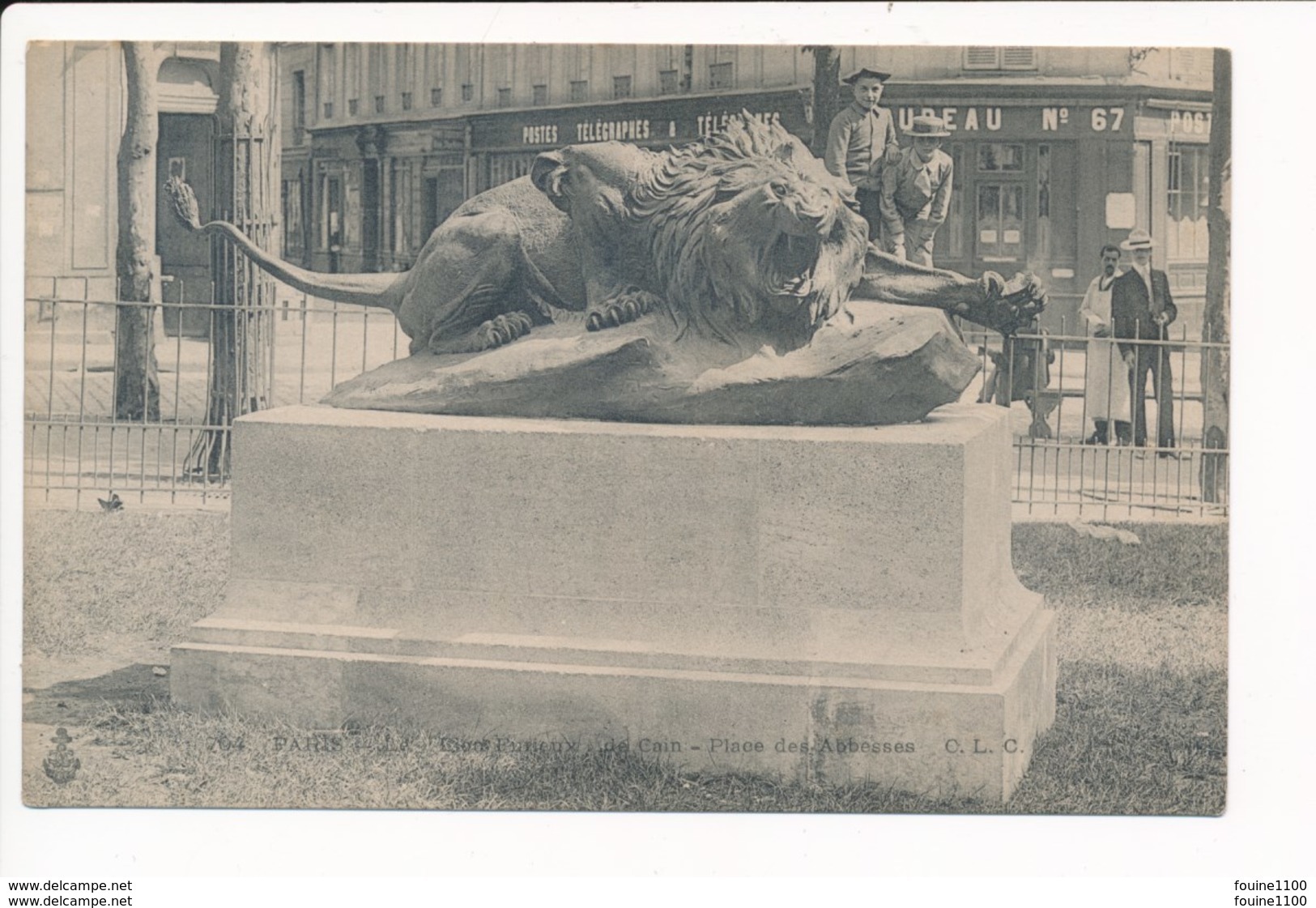 Carte De PARIS Le Lion Furieux De Cain Place Des Abbesses Poste Postes Télégraphes Bureau N° 67  ( Recto Verso ) - Arrondissement: 18