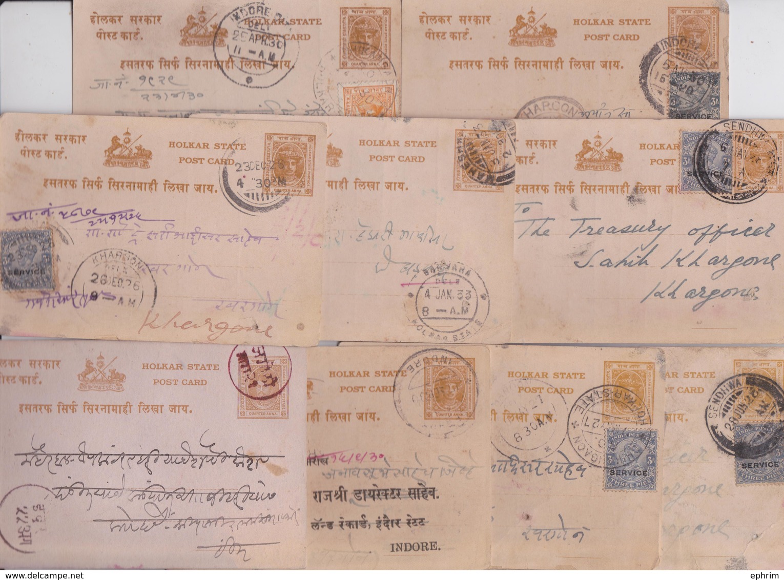 BRITISH INDIA RAJ POSTAGE HOLKAR STATE STAMP POST CARD ENTIER POSTAL INDE LOT DE 9 CARTES POSTALES CIRCULEES TIMBRES - Holkar