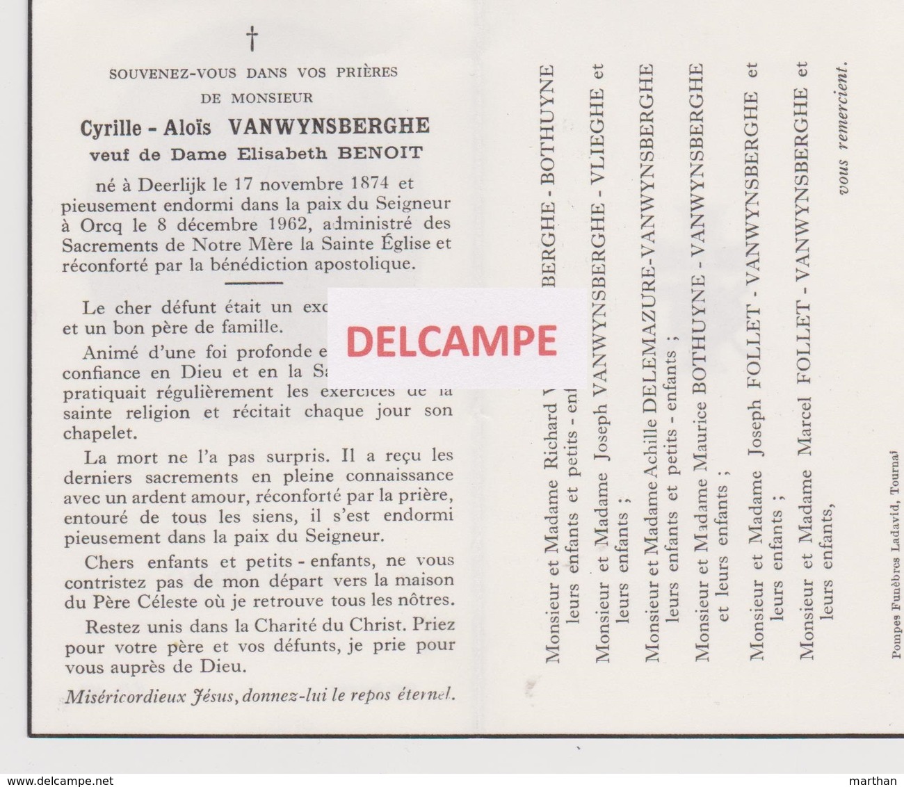 DOODSPRENTJE VANWYNSBERGHE CYRILLE VEUF DE BENOIT DEERLIJK ORCQ 1874 - 1962   BEWERKT TEGEN KOPIEREN - Imágenes Religiosas