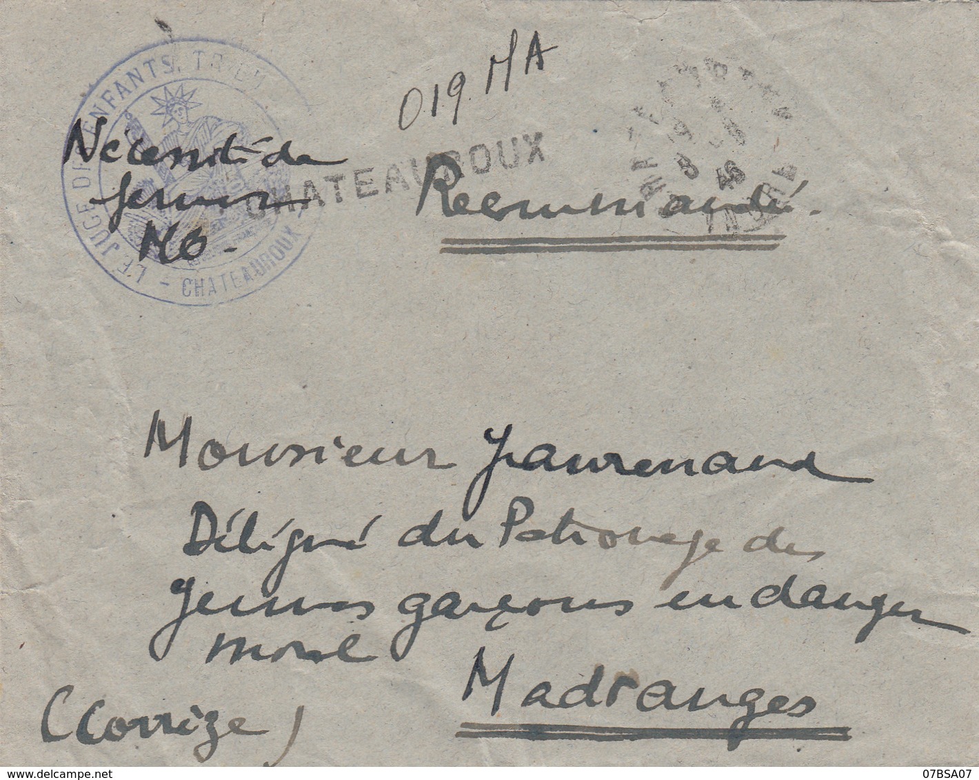 INDRE ENV 1946 CHATEAUROUX LETTRE RECOMMANDEE PROVISOIRE FRANCHISE VERSO = SERVICE SOCIAL / CHATEAUROUX (INDRE) / PALAIS - 1921-1960: Période Moderne