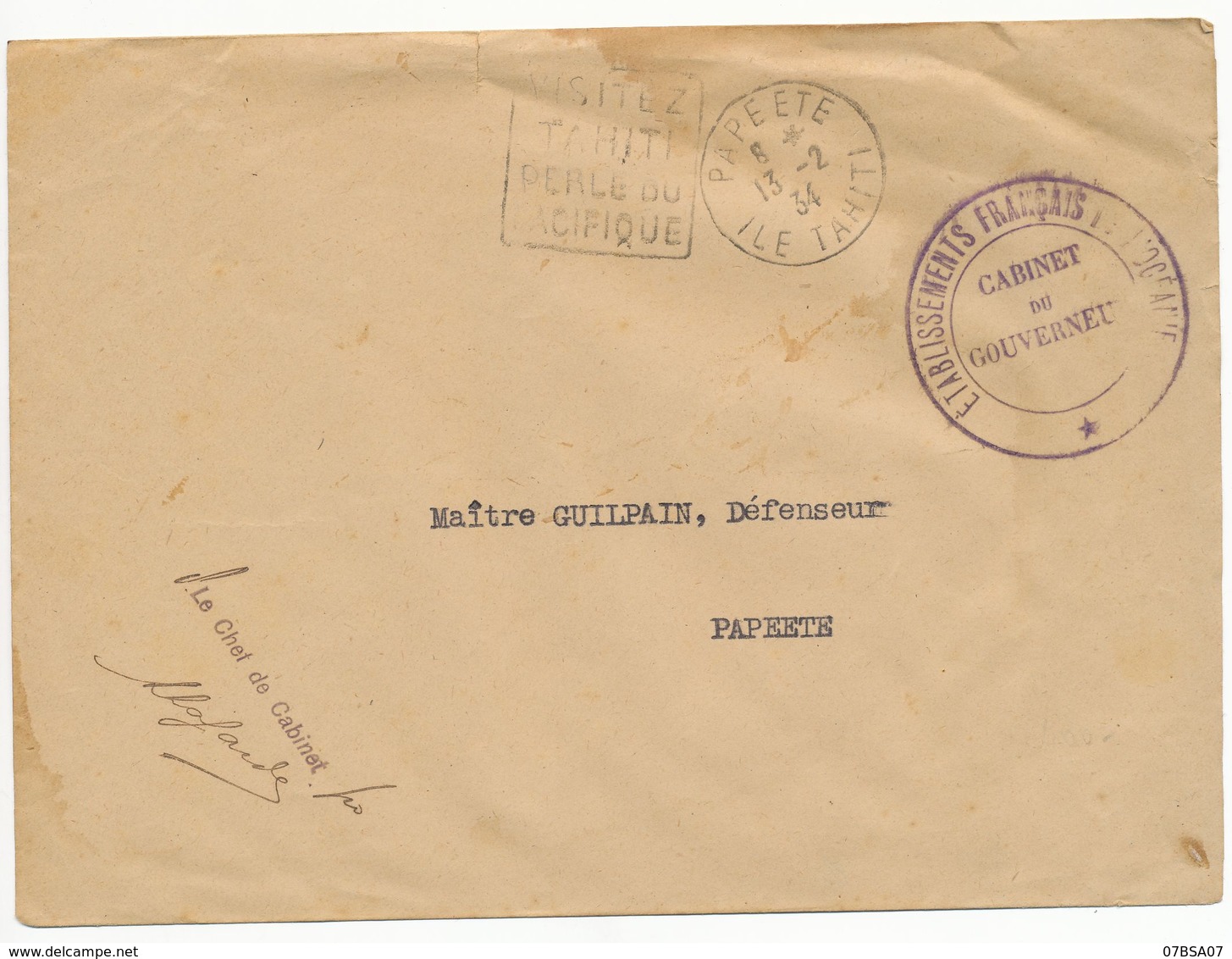 OCEANIE ILE DE PAPEETE ENV 1934 PAPEETE LOCALE DAGUIN FRANCHE ETABLISSEMENTS FRANCAIS DE L'OCEANIE CABINET DU GOUVERNEUR - Lettres & Documents