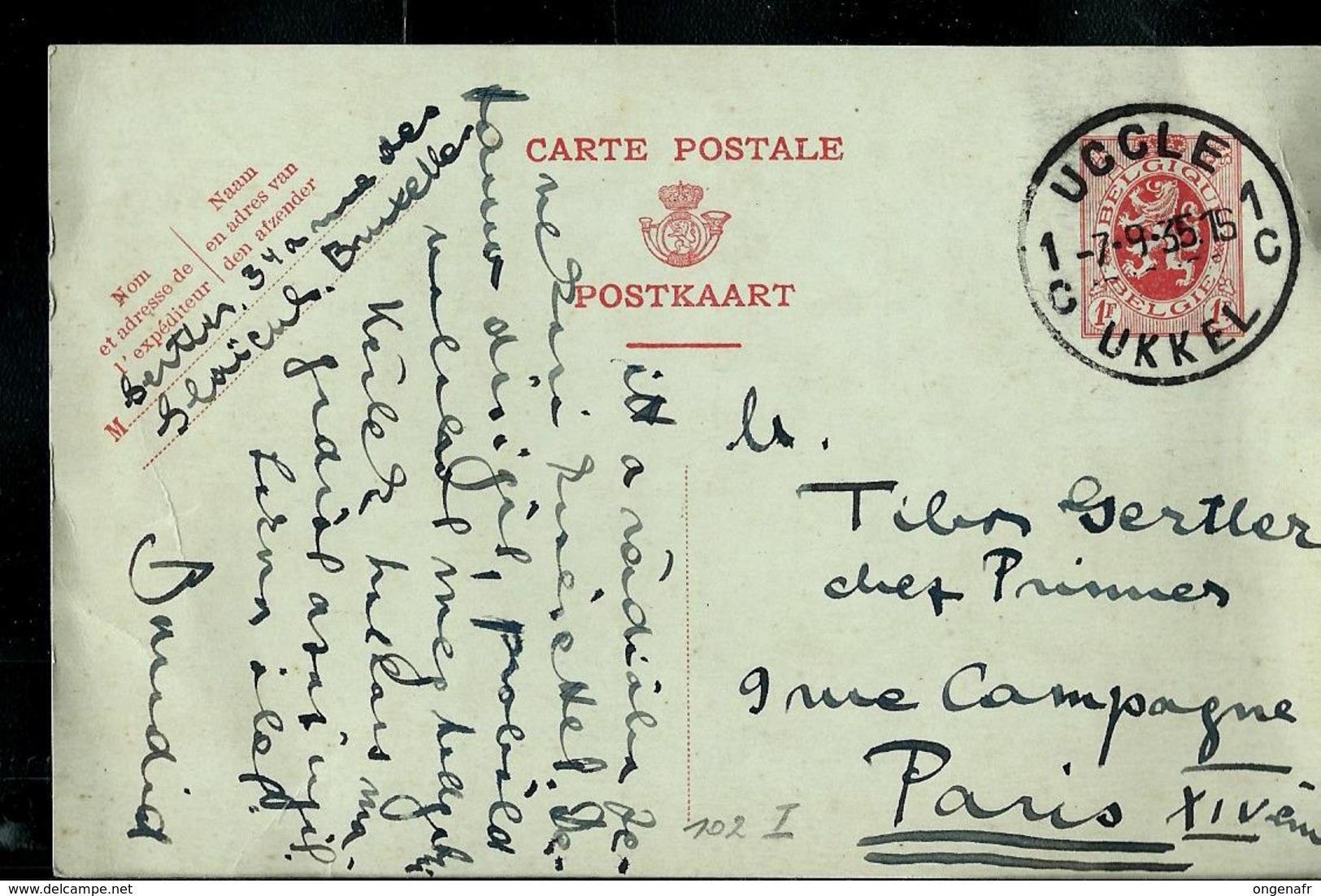 Carte N° 102. I. FN.   Obl.  UCCLE 1C UKKEL  Du 07/09/35 - Postcards 1909-1934