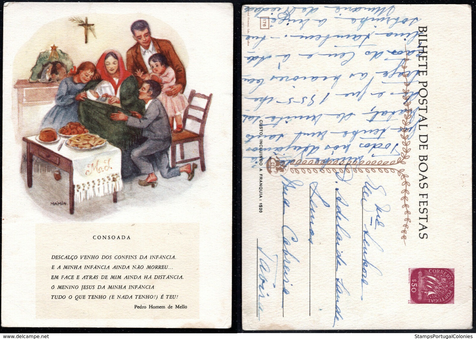 1954 Christmas Portugal Used Stationery. Inteiro/Entier Postal Noel. Boas Festas Natal #176. Family Tradition. - Postal Stationery