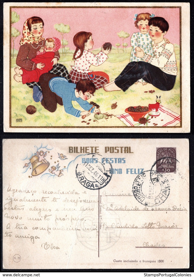 1944 Christmas Portugal Used Stationery. Inteiro/Entier Postal Noel. Boas Festas Natal #73. Family Eating Pinion. - Postal Stationery