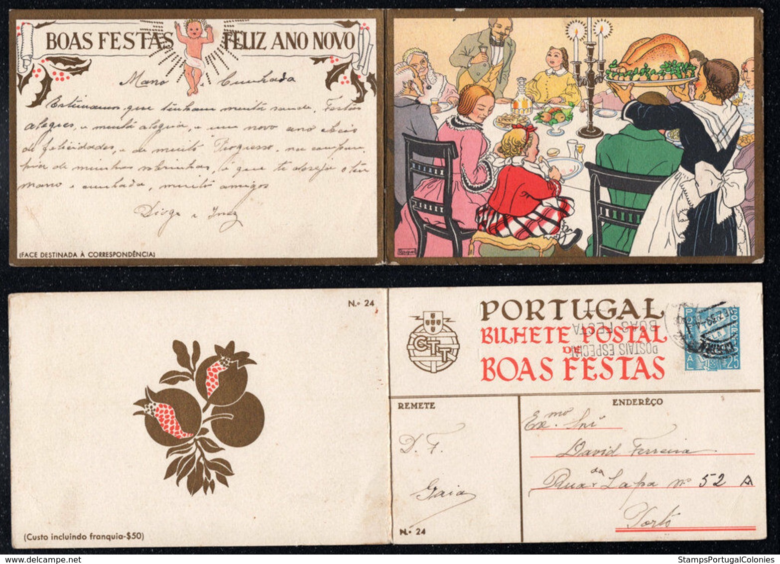 1939 Christmas Portugal Used Stationery. Inteiro/Entier Postal Noel. Boas Festas Natal #24. Wealthy Christmas Meal. - Postal Stationery