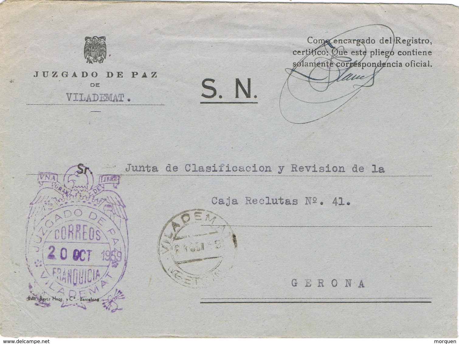 34777. Carta S.N. Franquicia Juzgado De Paz VILADEMAT (Gerona) 1959. Fechador Vilademat - Cartas & Documentos