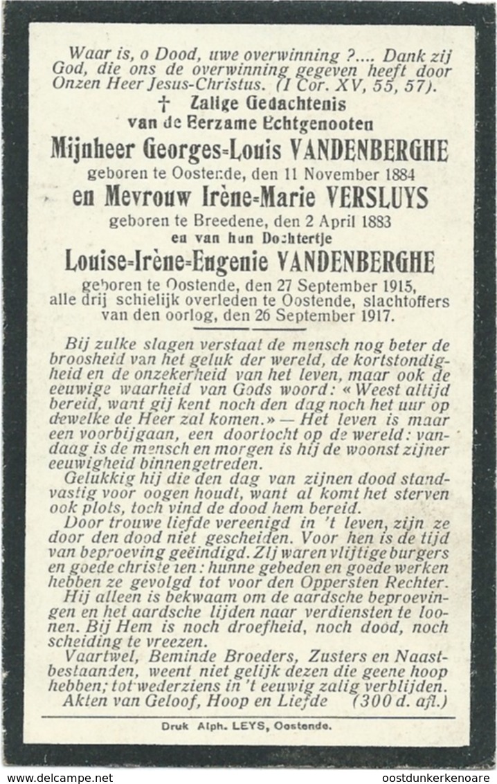 Doodsprentje: Vandenberghe Georges-Louis; VERSLUYS Irène-Marie + Oostende, 26 Sept 1917. Oorlogslachtoffers - Religion & Esotérisme