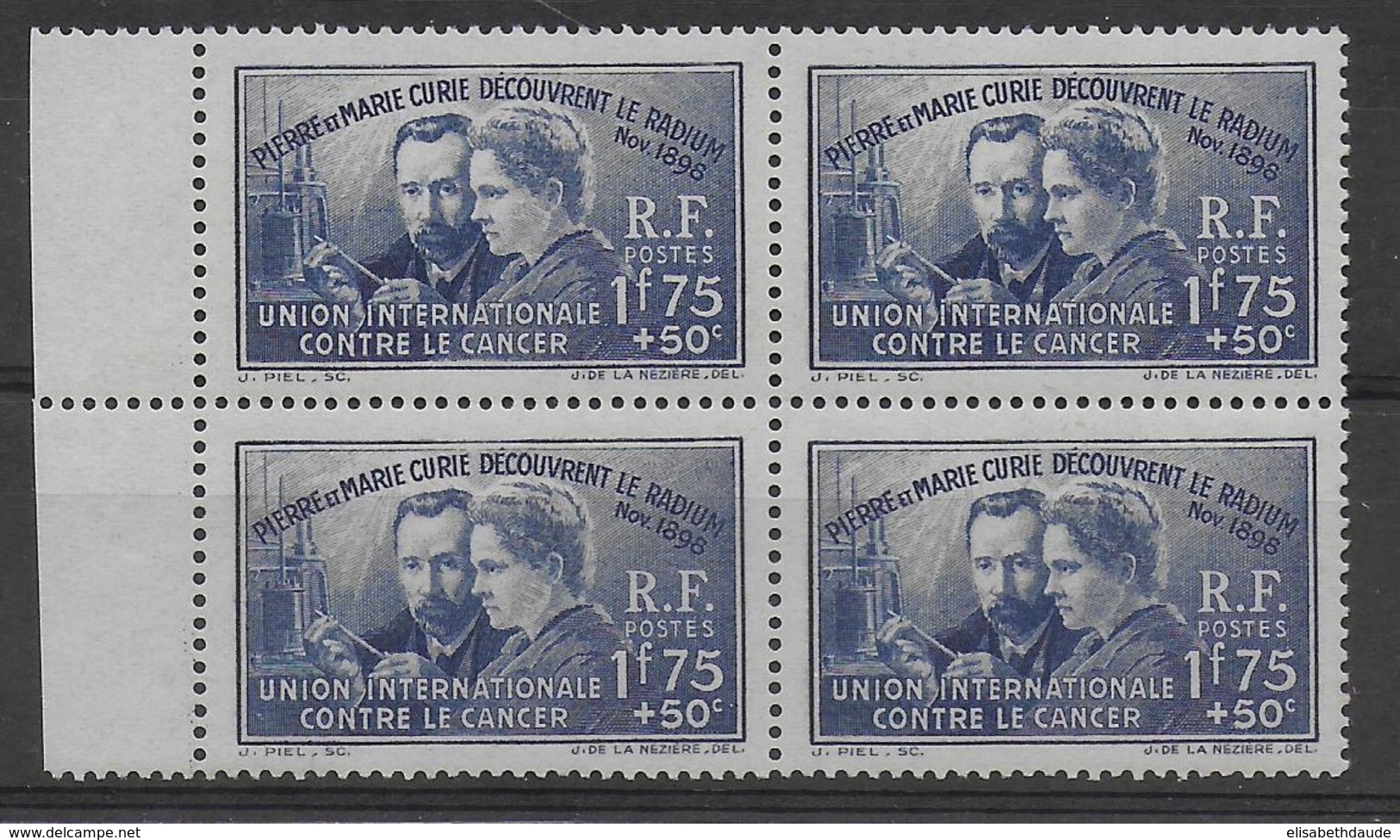 1938 - YVERT N° 402 ** MNH BLOC De 4 BORDS DE FEUILLE ! - COTE = 108 EUR. - CURIE - Nuevos