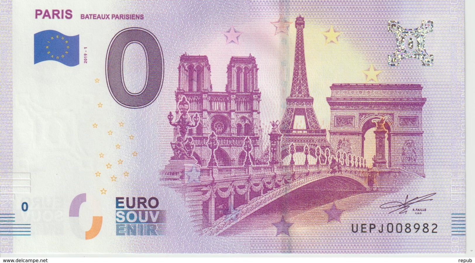 Billet Touristique 0 Euro Souvenir France 75 Paris Bateaux Parisiens 2019-1 N°UEFJ008982 - Prove Private