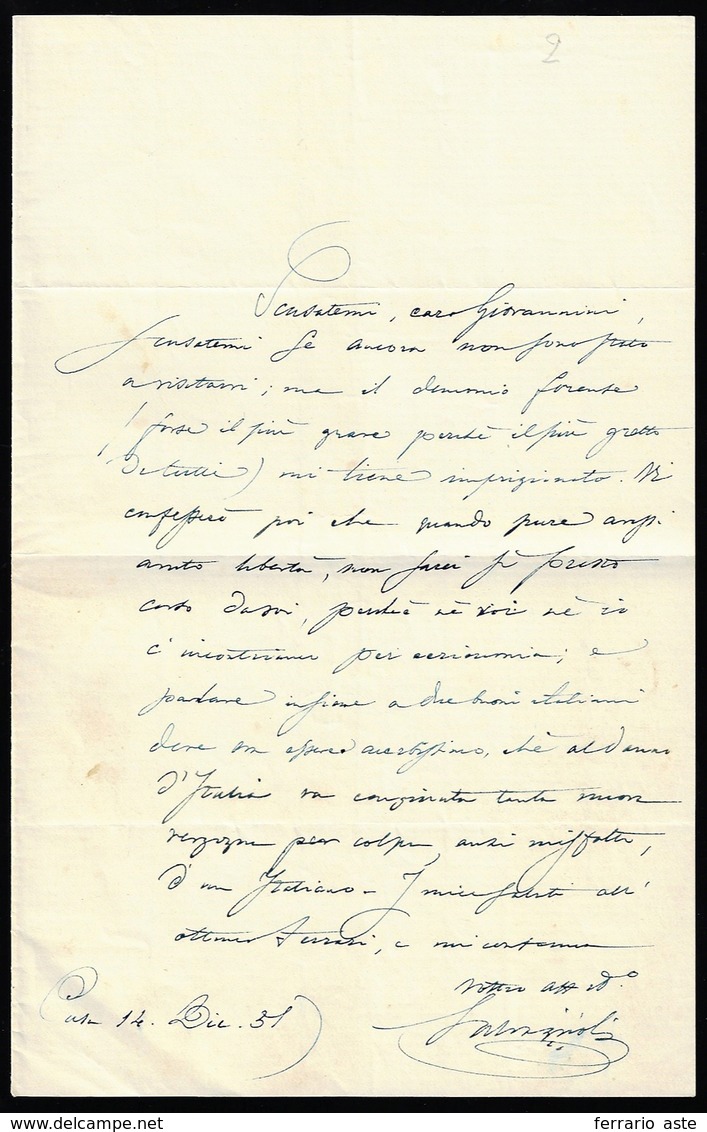 1831 - Vincenzo Salvagnoli - Lettera Manoscritta Autografa E Firmata Dal Celebre Patriota, Datata 14... - Other & Unclassified