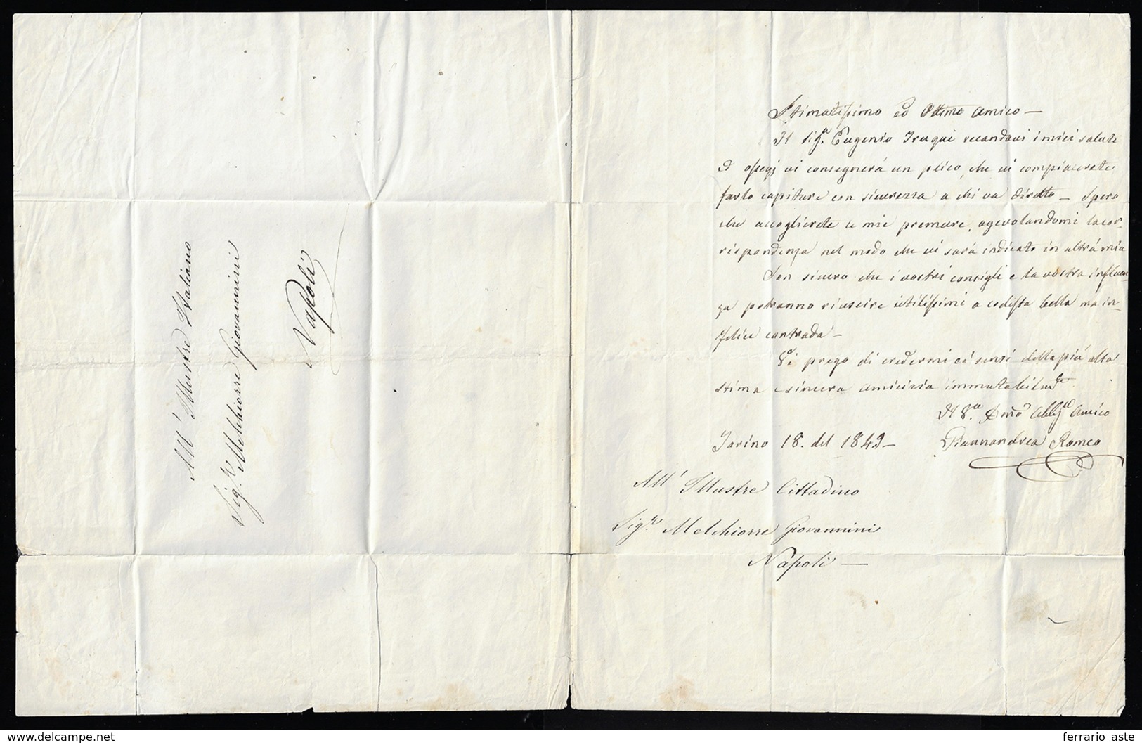 1849 - Giannandrea Romeo - Lettera Manoscritta Autografa E Firmata Dal Celebre Patriota, Scritta A T... - Sonstige & Ohne Zuordnung