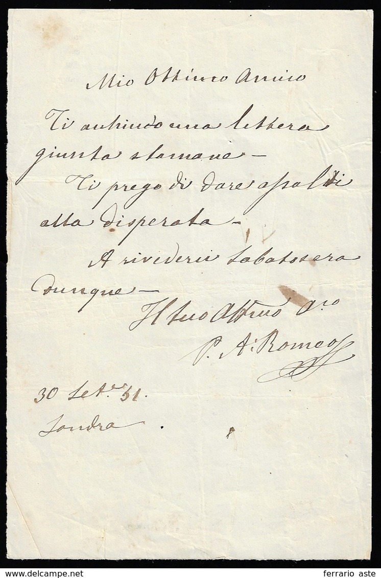 1851 - Giannandrea Romeo - Lettera Manoscritta Autografa E Firmata Dal Celebre Patriota, Scritta Dur... - Altri & Non Classificati