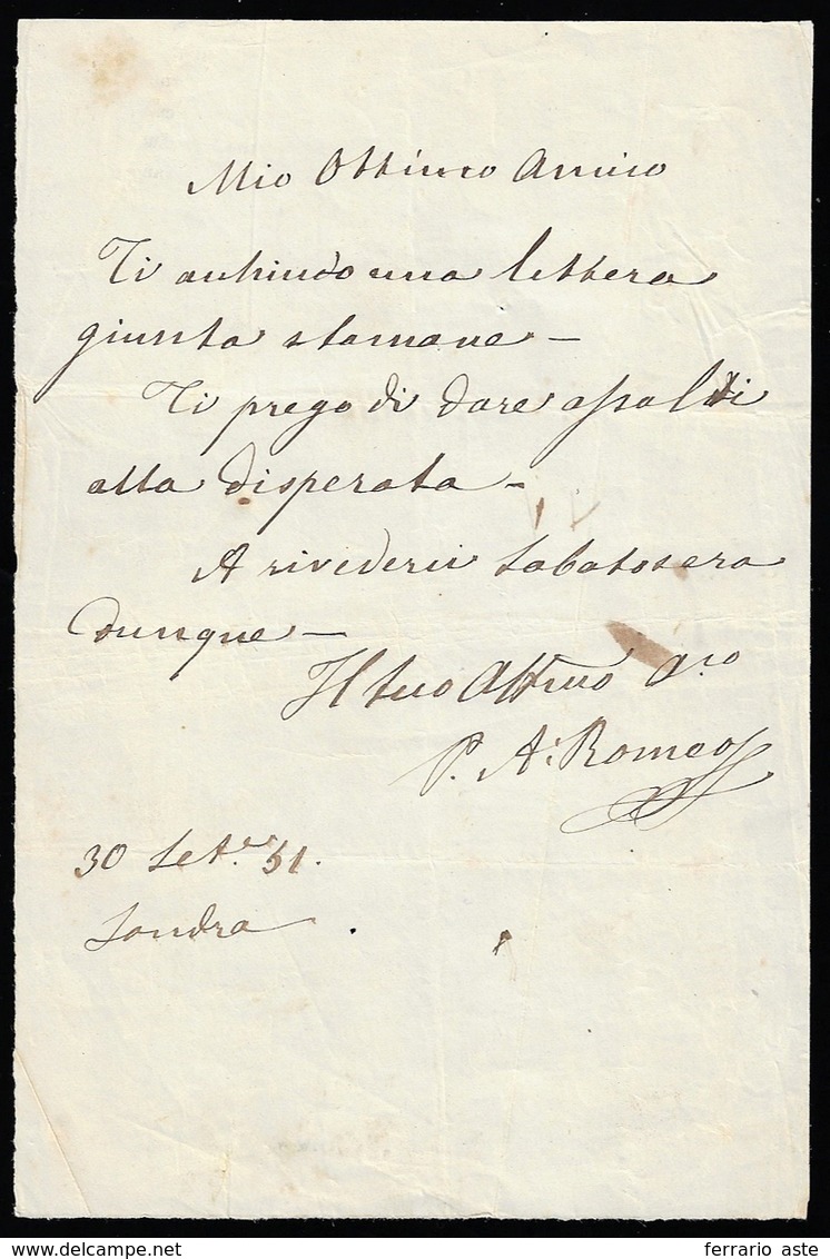 1851 - Giannandrea Romeo - Lettera Manoscritta Autografa E Firmata Dal Celebre Patriota, Scritta Dur... - Sonstige & Ohne Zuordnung