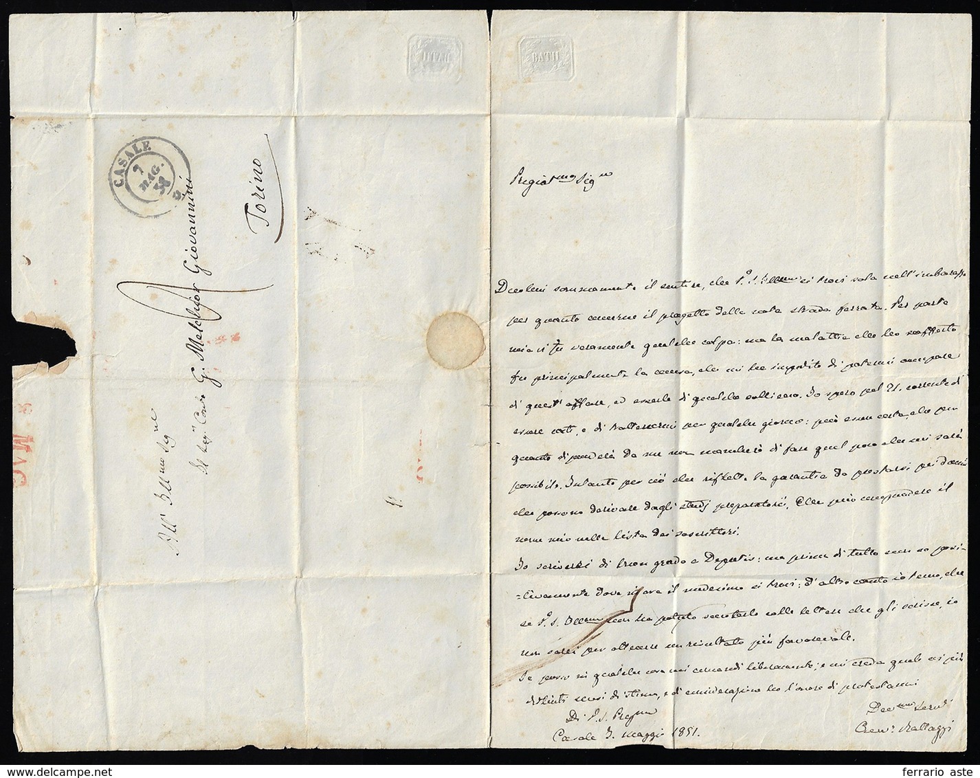 1851 - Urbano Rattazzi - Lettera Manoscritta Autografa E Firmata, Da Casale 7 Maggio 1851 A Torino, ... - Other & Unclassified