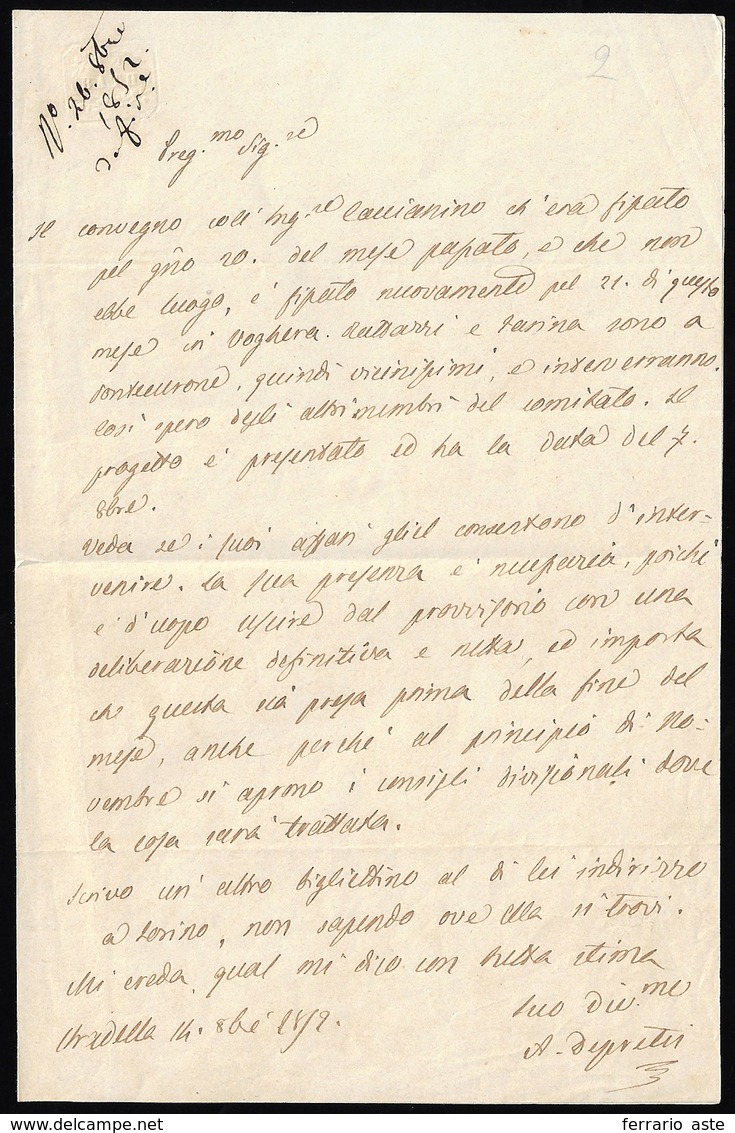 1852 - Agostino De Pretis - Lettera Manoscritta Autografa E Firmata Del 14 Ottobre 1852, Scritta A S... - Andere & Zonder Classificatie