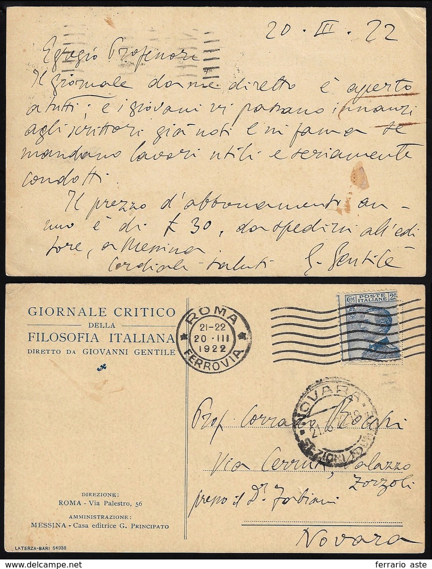 1922 - Cartolina Del "Giornale Critico Della Filosofia Italiana" Con Testo Autografo E Firma Del Fil... - Other & Unclassified