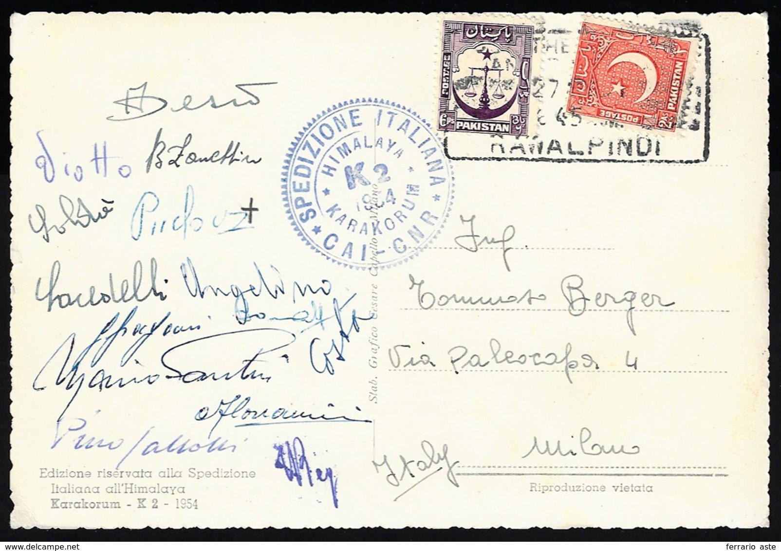 1954 - Spedizione Italiana Sul K2 - Cartolina Viaggiata Dal Pakistan Con Gli Autografi Della Memorab... - Altri & Non Classificati