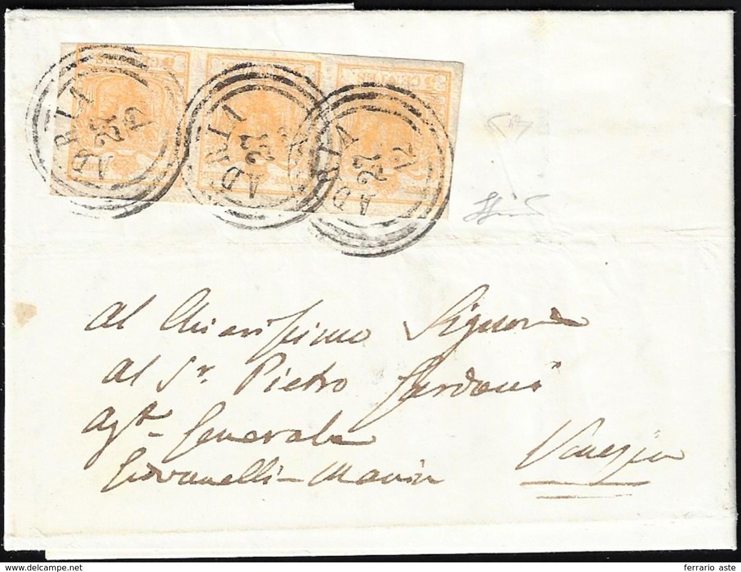 1854 - 5 Cent. Giallo Ocra (1), Striscia Di Tre, Perfetta, Su Lettera Da Adria 27/12/1854 A Venezia.... - Lombardo-Veneto