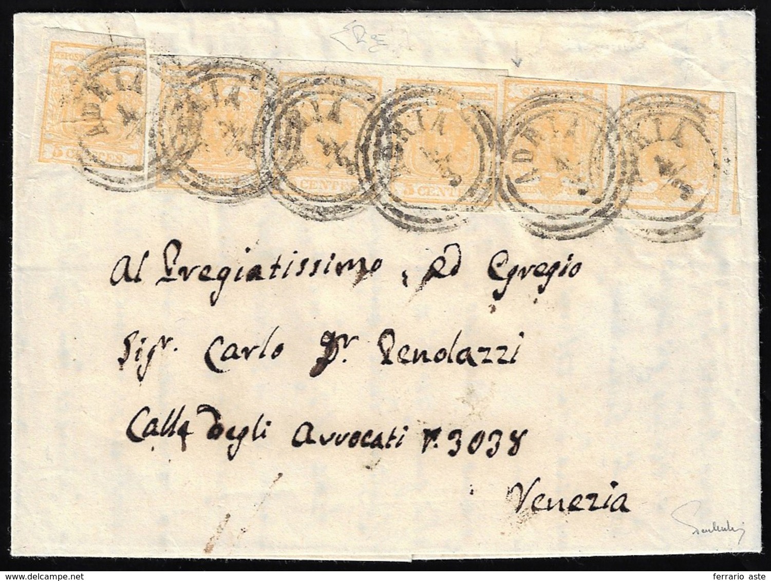 1856 - 5 Cent. Giallo Ocra (1), Singolo, Coppia, Un Esemplare Senza Punto Dopo "centes", E Striscia ... - Lombardije-Venetië