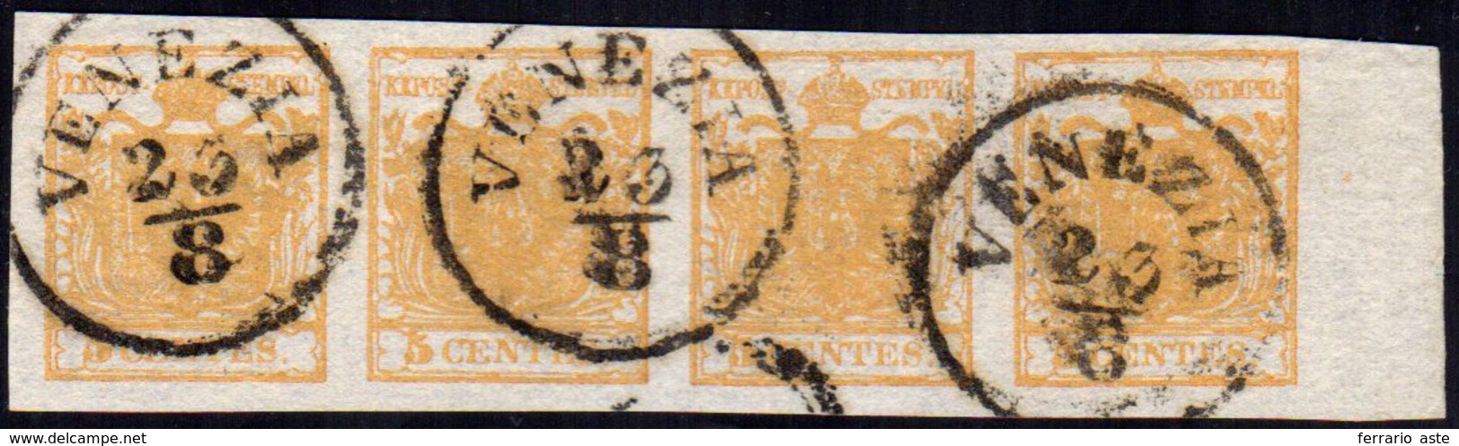 1850 - 5 Cent. Giallo Arancio (1g), Striscia Orizzontale Di Quattro, Bordo Di Foglio A Destra, Perfe... - Lombardo-Veneto