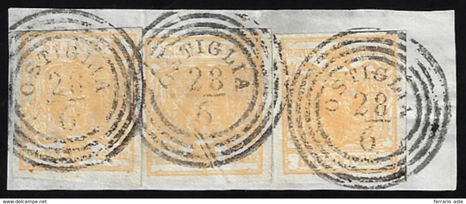 1850 - 5 Cent. Giallo Arancio (1g), Tre Esemplari, Perfetti, Usati Su Frammento Ad Ostiglia 28/6. A.... - Lombardo-Venetien