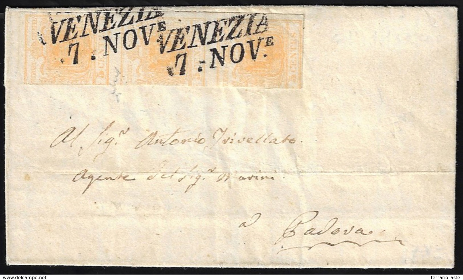 1851 - 5 Cent. Giallo Arancio (1g), Striscia Verticale Di Tre, Corta A Sinistra, Su Lettera Da Venez... - Lombardo-Venetien