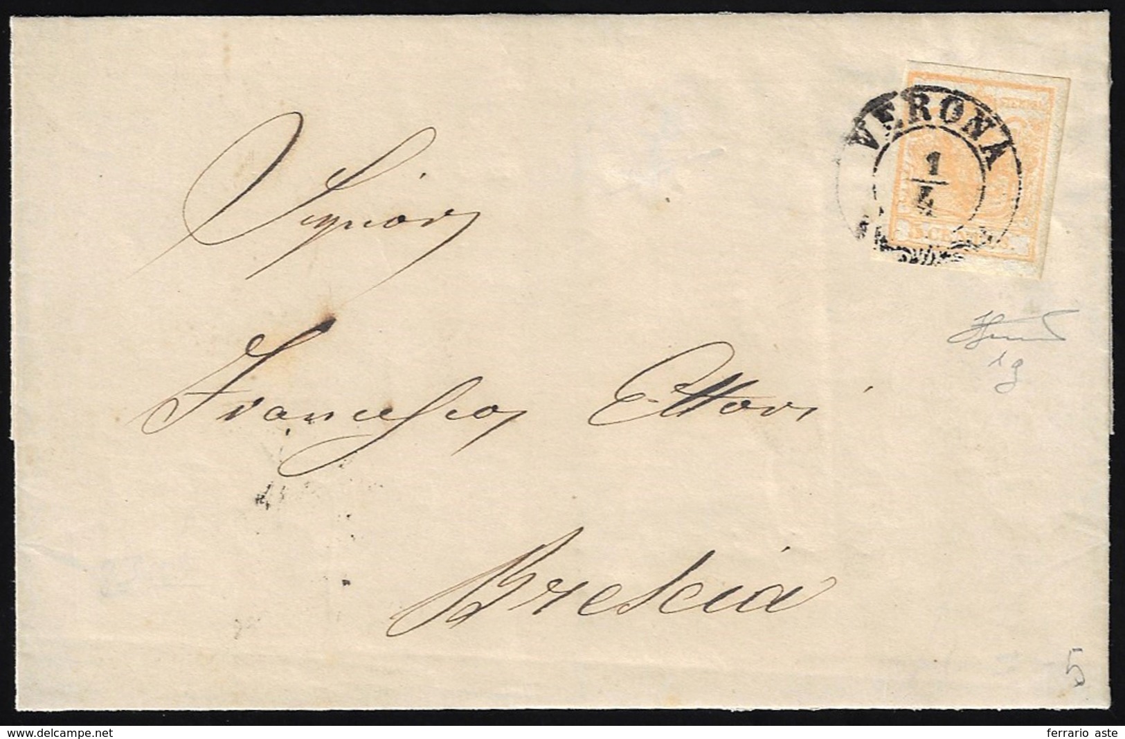 1854 - 5 Cent. Giallo Arancio (1g), Perfetto, Isolato Su Sovracoperta Di Circolare Da Verona 1/4/185... - Lombardo-Vénétie