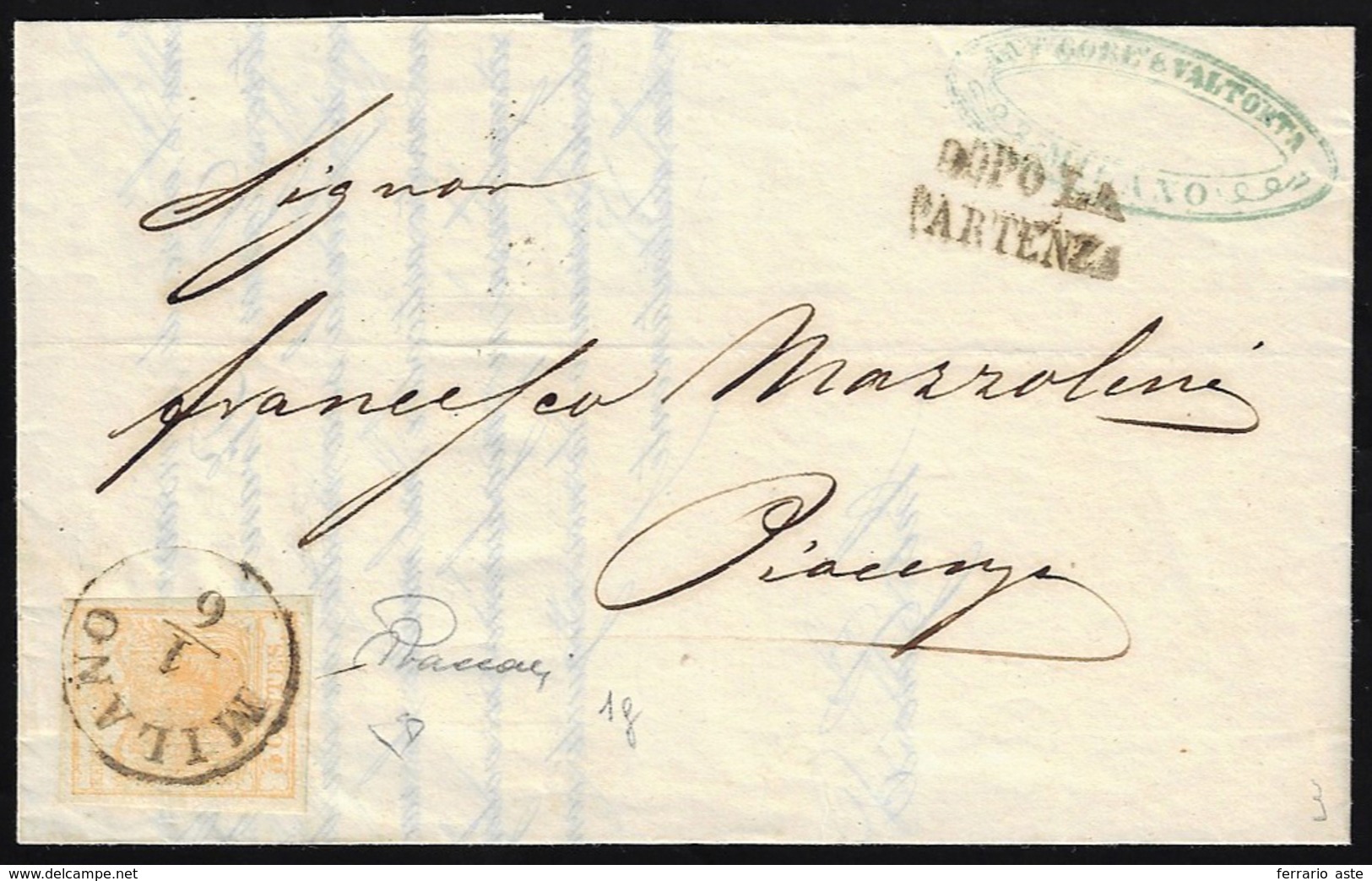 1855 - 5 Cent. Giallo Arancio (1g), Perfetto, Isolato Su Circolare A Stampa Da Milano 1/6/1855 A Pia... - Lombardo-Vénétie