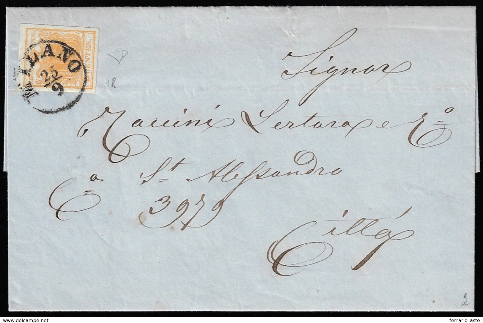 1857 - 5 Cent. Arancio (1h), Perfetto, Isolato Su Circolare Da Milano 25/9/1857 Per Città. Inconsuet... - Lombardo-Veneto