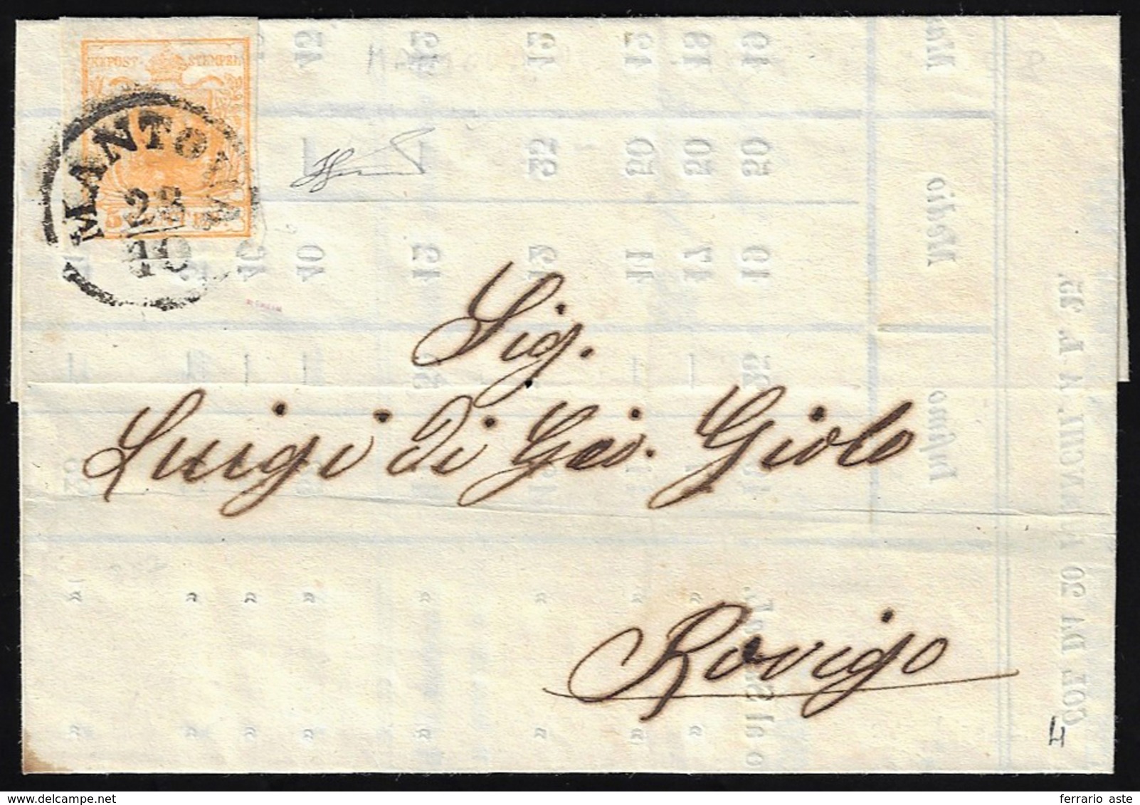 1858 - 5 Cent. Arancio (1h), Perfetto, Isolato Su Stampato Da Mantova 28/10/1858 Per Rovigo. Bella. ... - Lombardo-Veneto