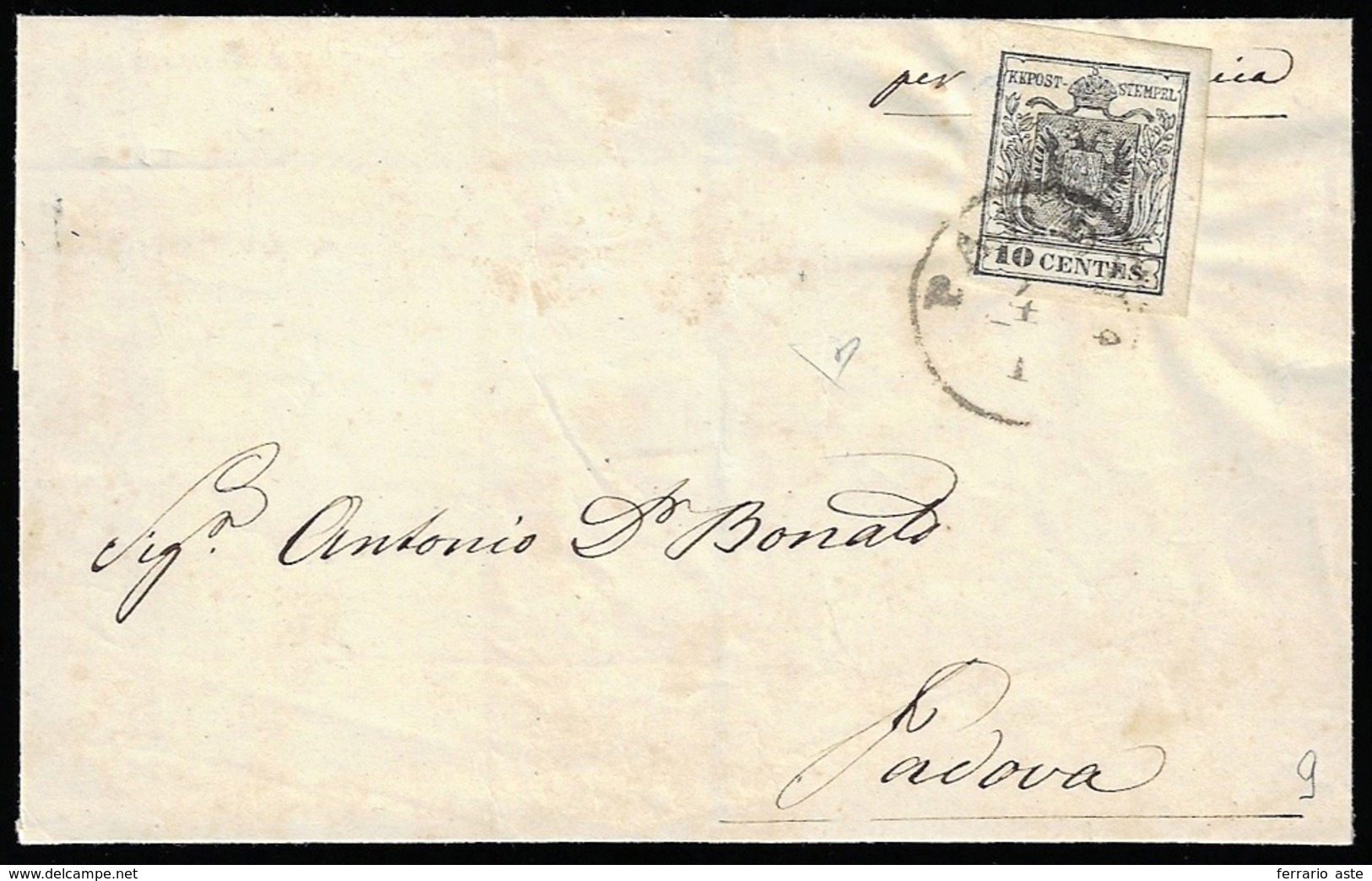 1850 - 10 Cent. Nero, Carta A Mano (2), Perfetto E Con Grandi Margini, Isolato Su Sovracoperta Di Le... - Lombardo-Veneto