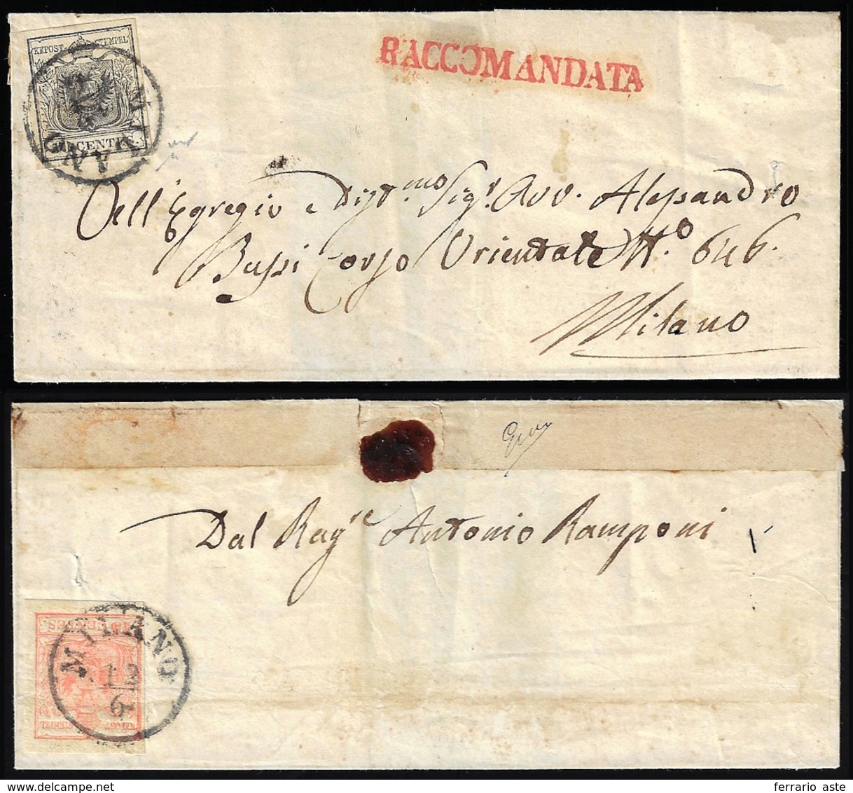 1850 - 10 Cent. Nero, E, Al Verso, 15 Cent. Rosso, III Tipo, Entrambi Carta A Mano (2,6), Perfetti, ... - Lombardo-Veneto